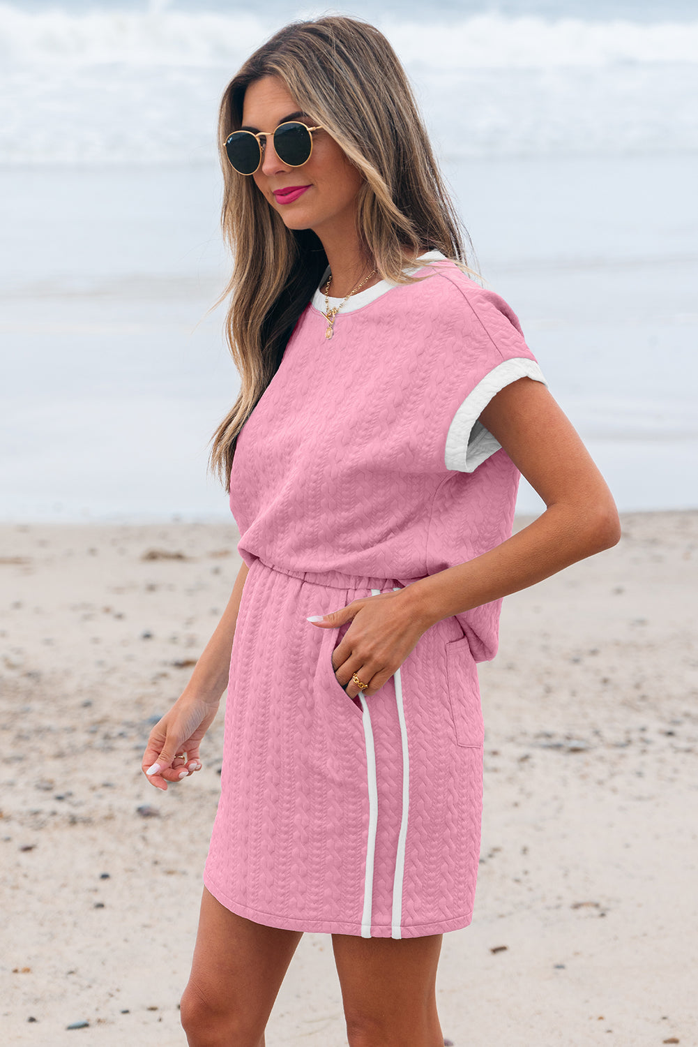 Pink Contrast Trim Textured Crewneck Tee and Pocketed Skirt Co-ord Set eAura