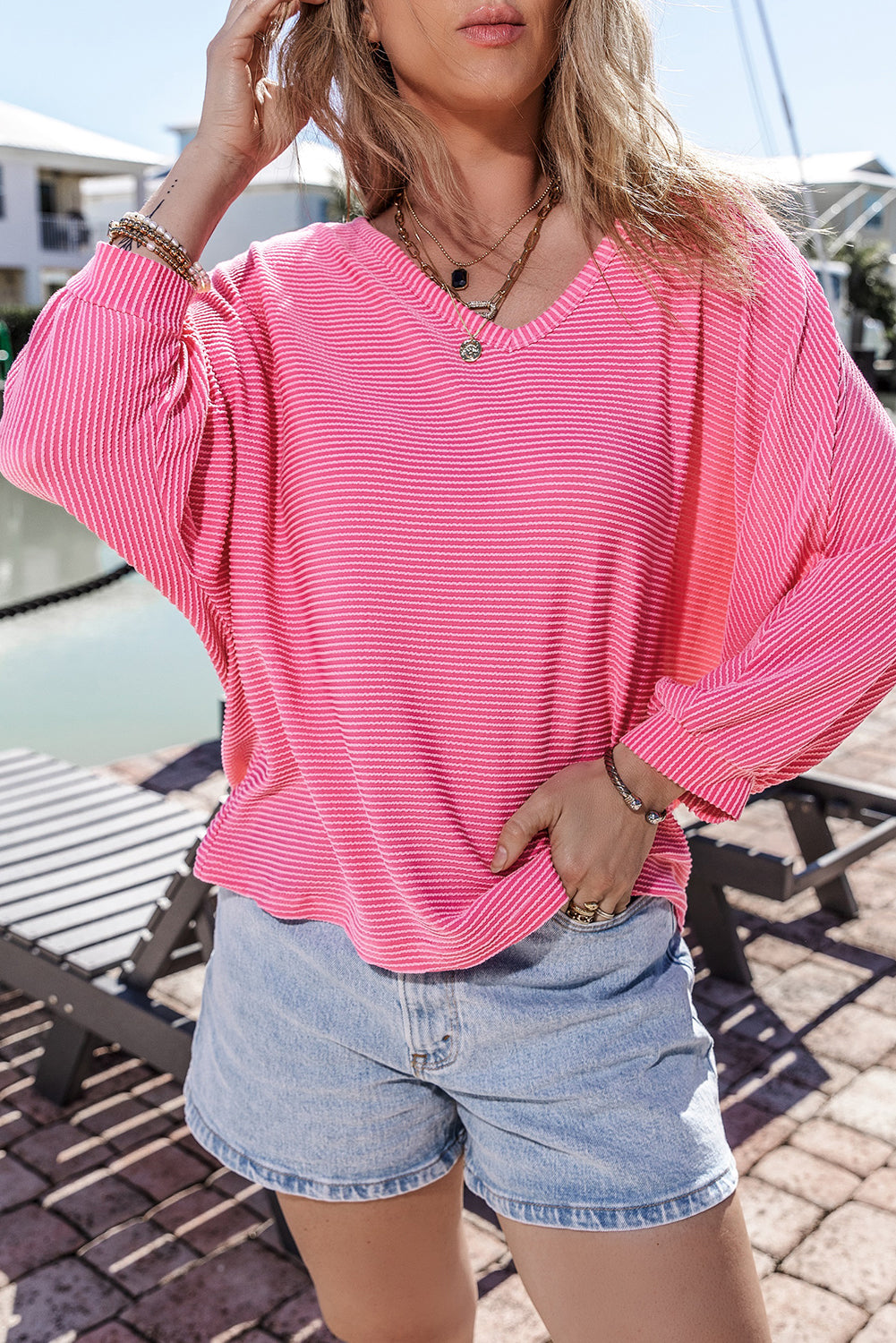 Strawberry Pink Striped Print Bracelet Sleeve V Neck Top eAura
