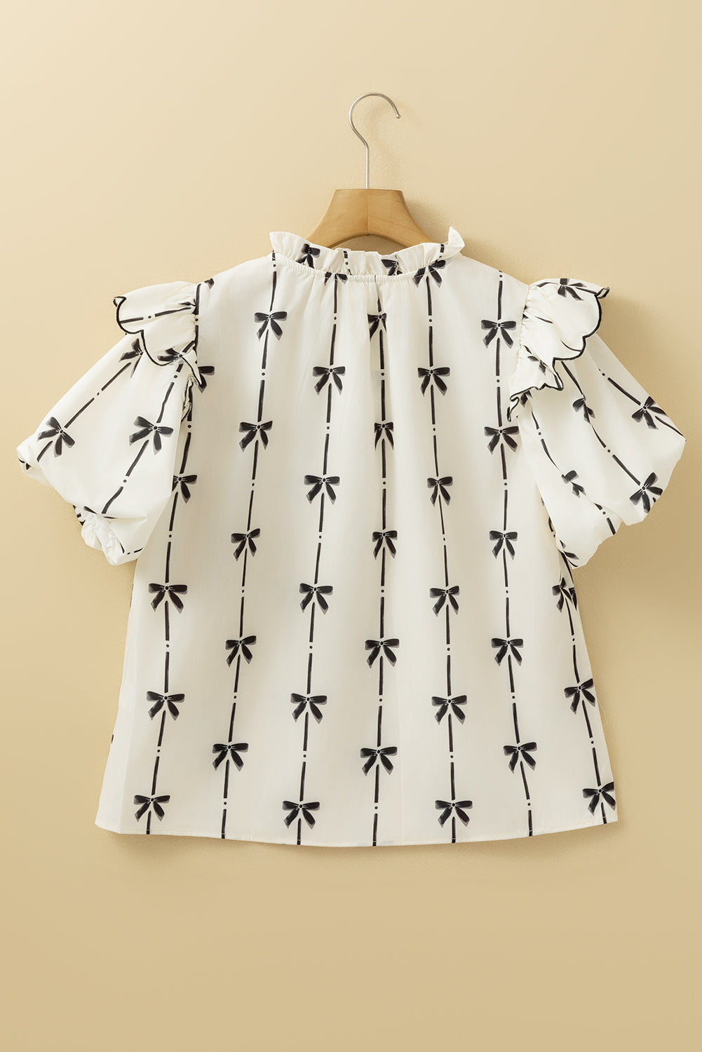 Beige Bow Printed Ruffled Bubble Sleeve Tied Notched V Neck Blouse eAura