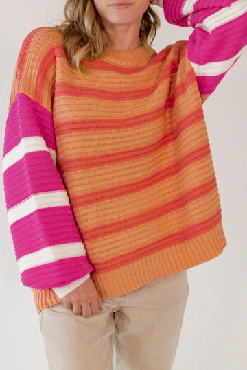 Orange Stripe Colourblock Crew Neck Drop Shoulder Loose Sweater eAura