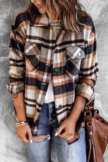 Geometric Plaid Print Pocketed Shacket eAura