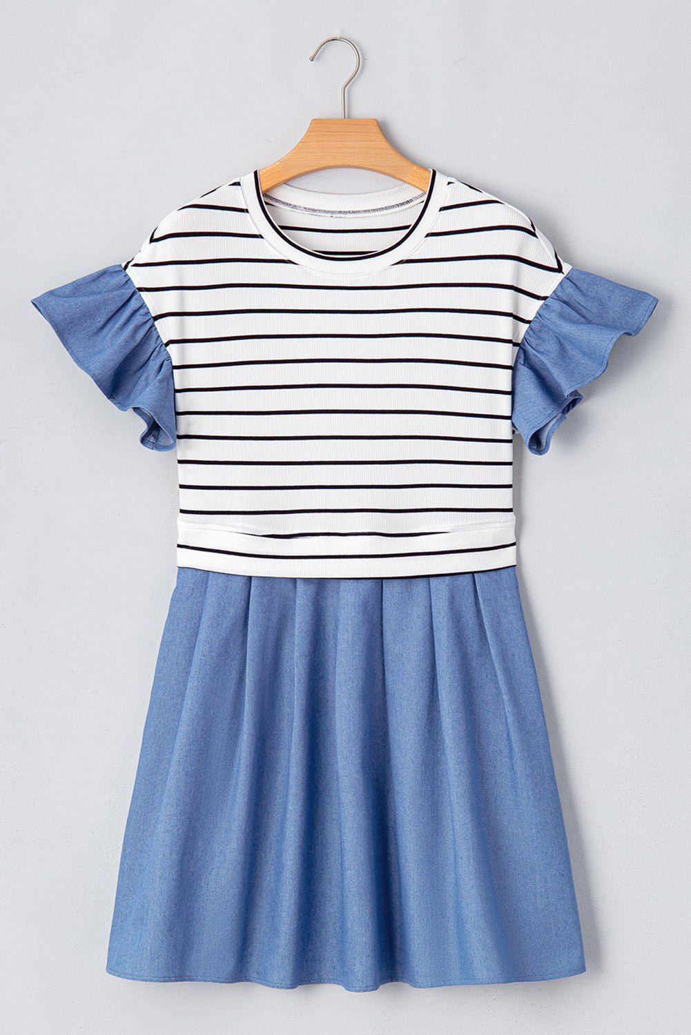 Black Stripe Ruffle Denim Patchwork Round Neck Mini Dress eAura