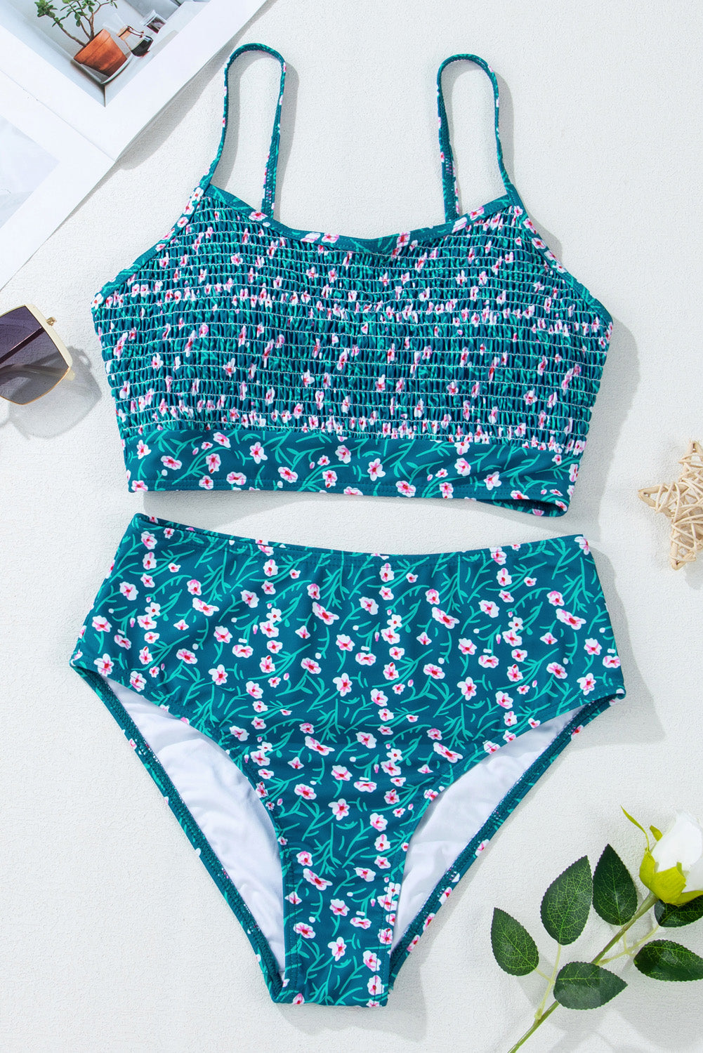 Blue Floral Print Smocked Cute Bikini Set eAura