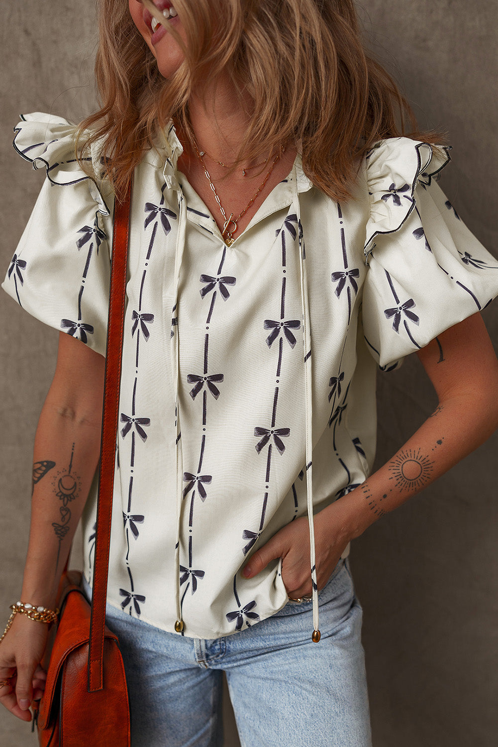 Beige Bow Printed Ruffled Bubble Sleeve Tied Notched V Neck Blouse eAura