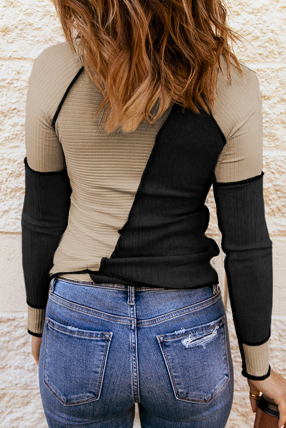 Irregular Colour Block Seaming Trim Rib Knit Top - eAura