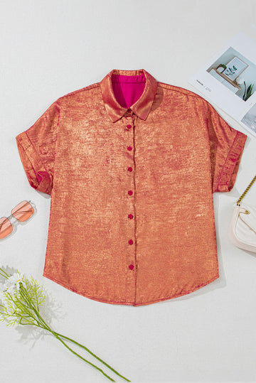 Rose Red Plus Size Metallic Sheen Short Sleeve Button Up Shirt BB Fashion Outlet