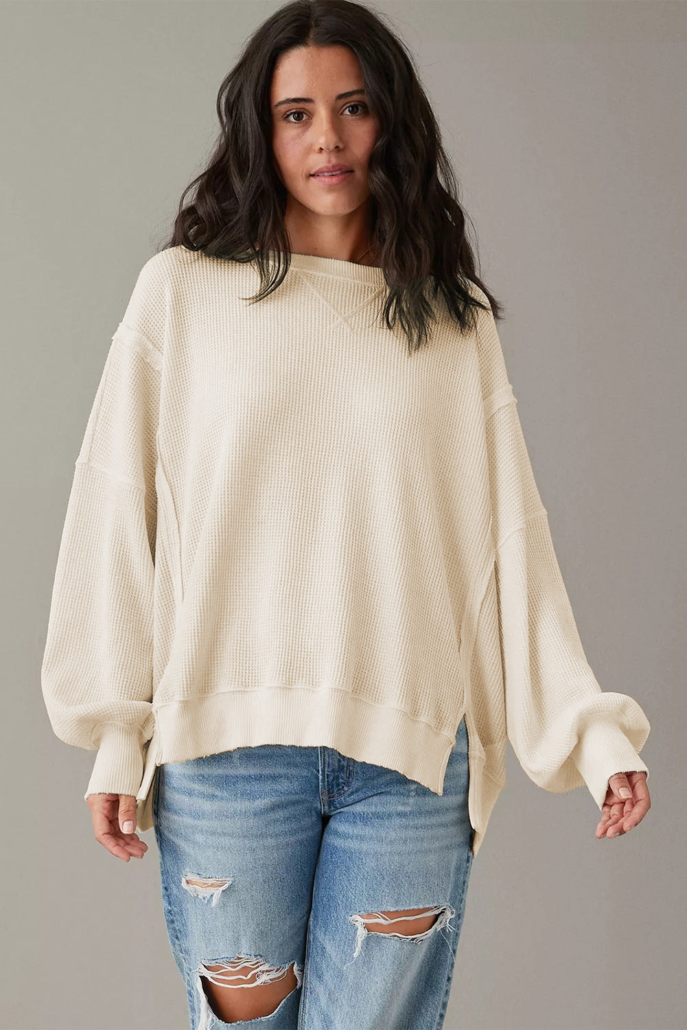 White Waffle knit Bishop Sleeve Split Oversized Top eAura
