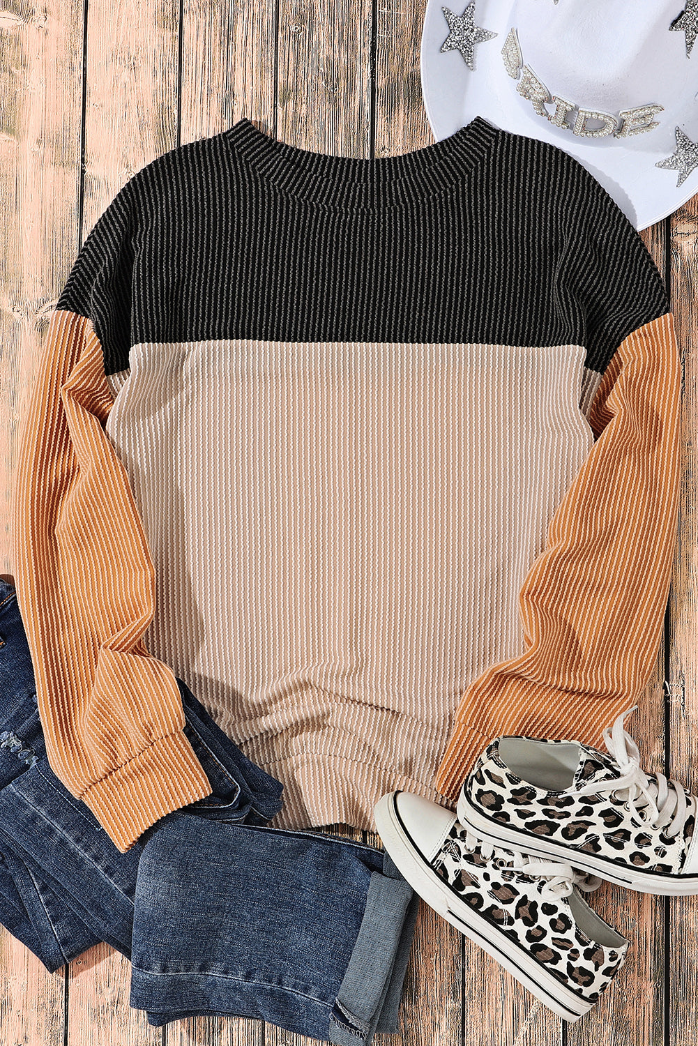 Pink Colour Block Long Sleeve Ribbed Loose Top eAura