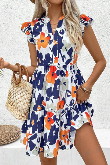 Floral Print Notched Neck Flutter Sleeve Mini Dress eAura