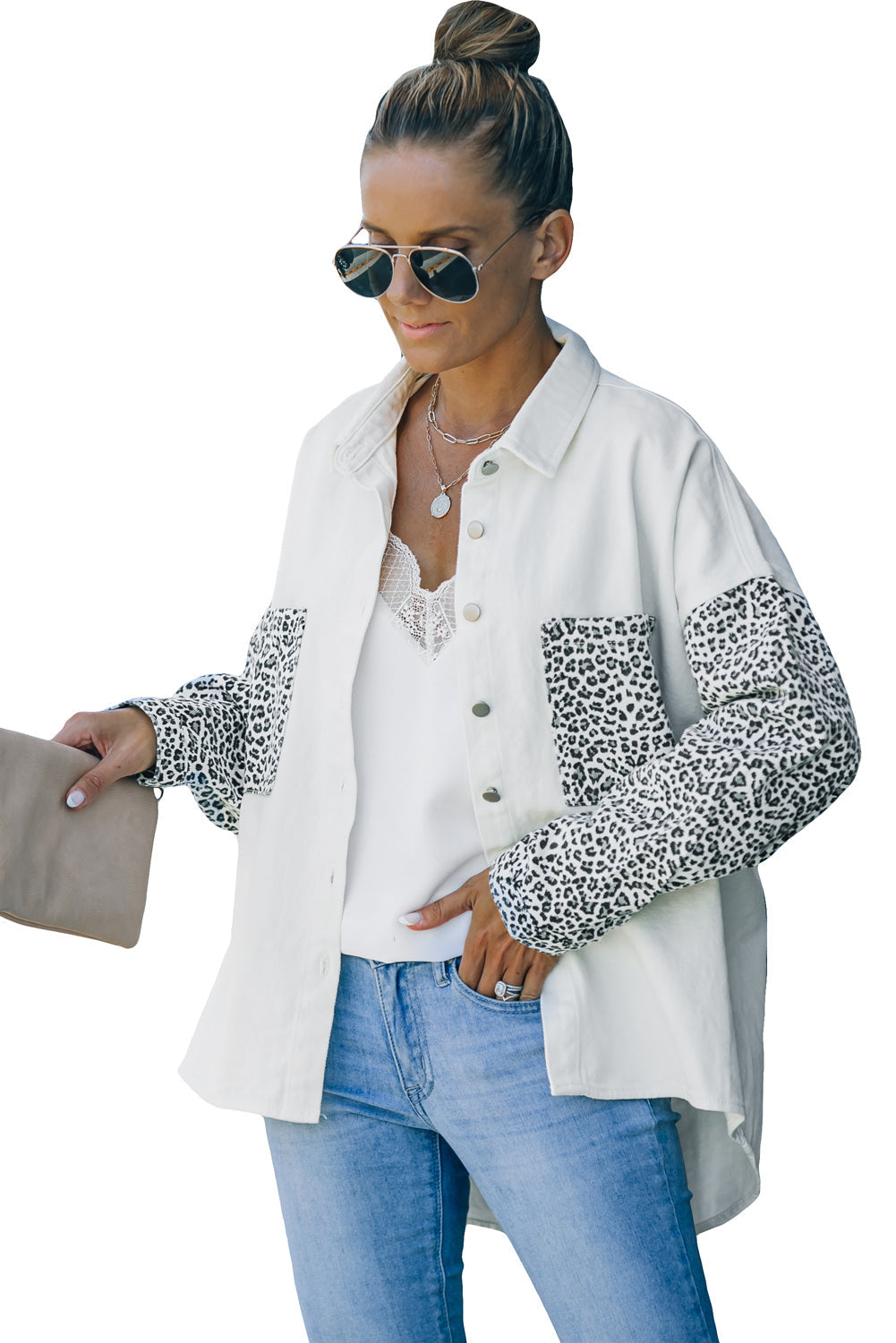 White Contrast Leopard Denim Jacket eAura