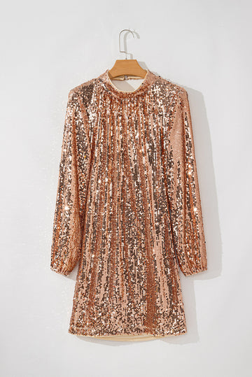 Gold Sequined Long Sleeve Cutout Back Mini Dress BB Fashion Outlet
