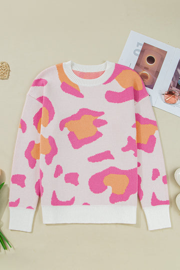 Pink Leopard Print Drop Shoulder Baggy Sweater eAura