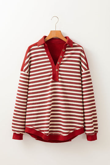 Red Stripe Buttoned V Neck Collared Drop Shoulder Top Beagle Boutique Fashion Outlet