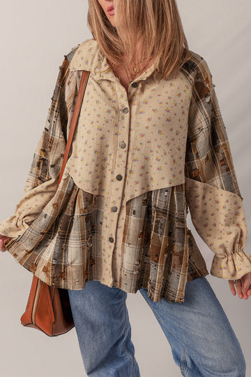 Boho Floral Plaid Patchwork Distressed Detail Ruffled Sleeve Waffle Knit Shacket - eAura