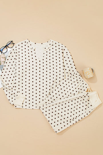 White Polka Dot Print Long Sleeve Top and Drawstring Bottoms Pyjamas eAura