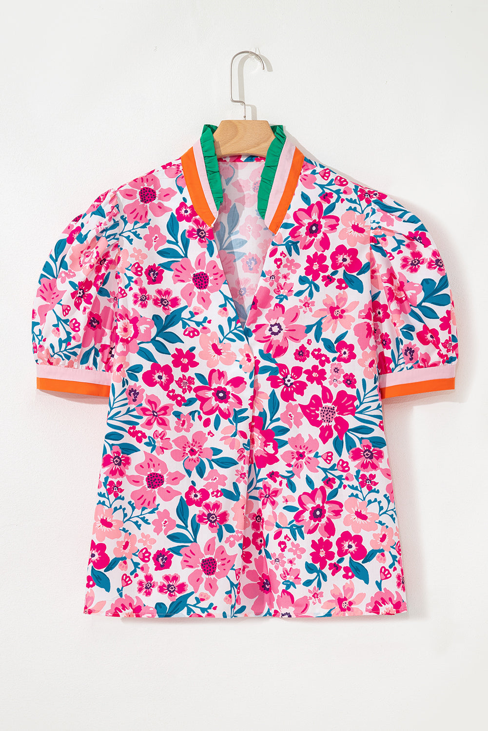 Pink Floral Print Contrast Striped Detail Short Sleeve Blouse eAura