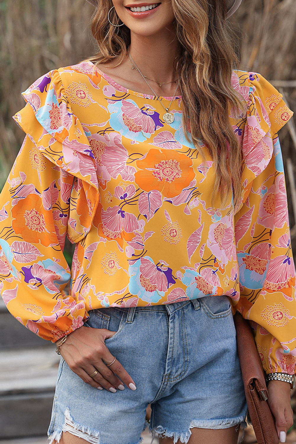 Ginger Floral Print Ruffle Puff Sleeve Blouse eAura