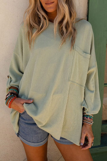 Green Ribbed Roll-tab Sleeve Chest Pocket Oversize Top eAura