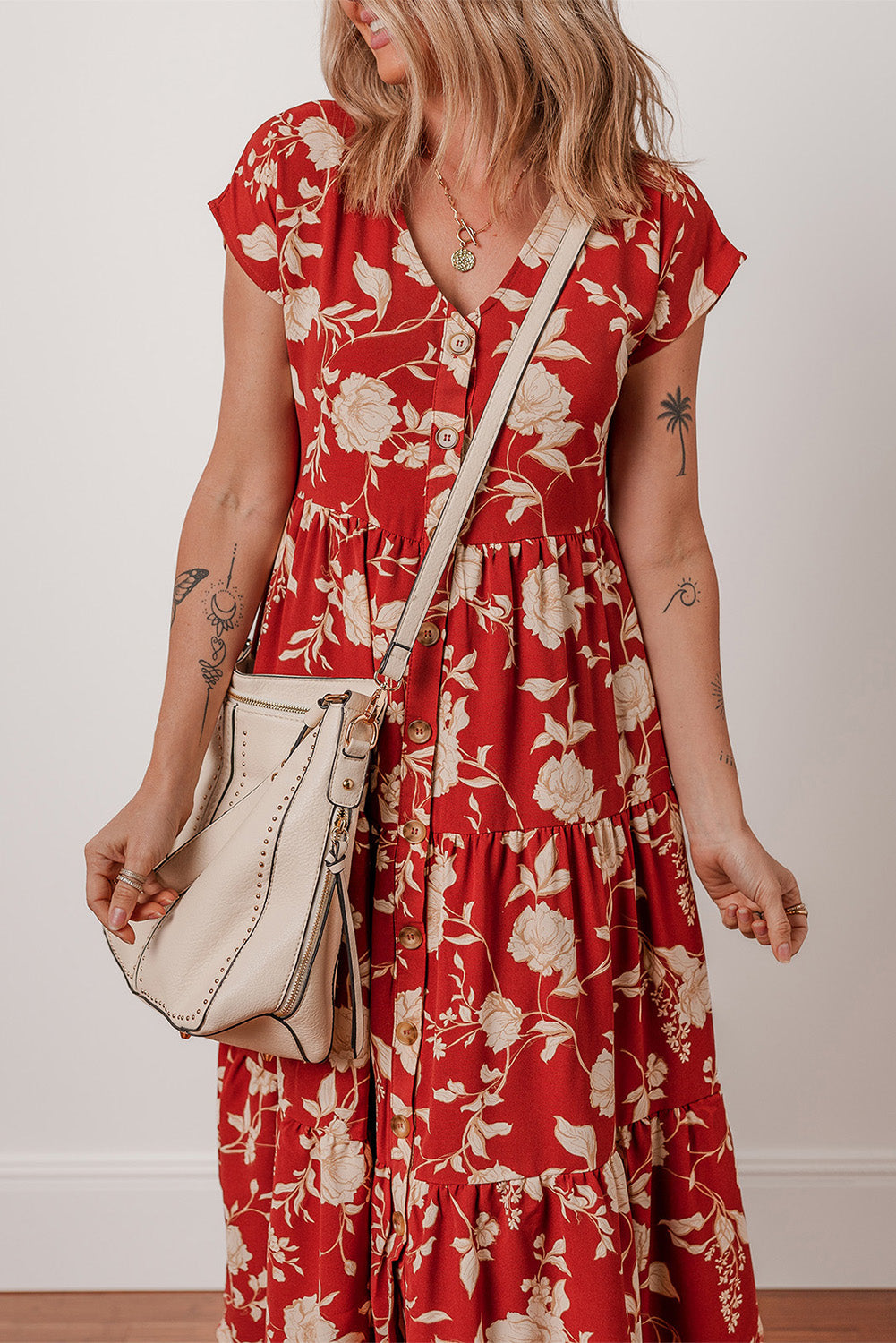 Red Floral Print Buttoned Front V Neck Tiered Short Sleeve Maxi Dress eAura