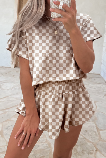 Brown Checkerboard T Shirt and High Waist Skorts 2 Piece Outfit Co-ord eAura
