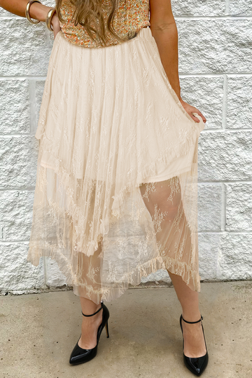 Apricot Lace Cascading Tiered High Waist Maxi Skirt eAura