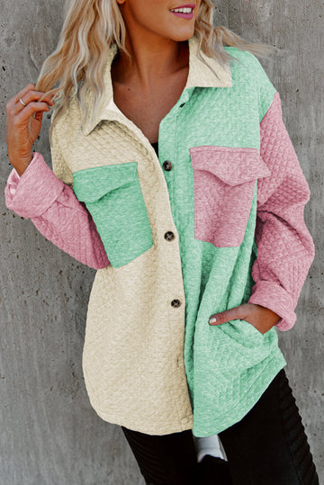 Green Color Block Patchwork Flap Pocket Quilted Shacket BB Fashion Outlet