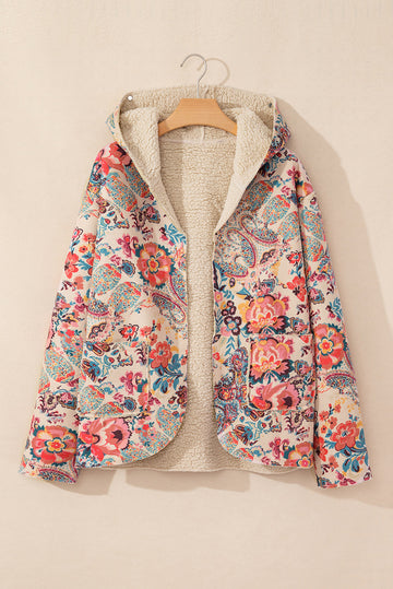 Floral Printed Sherpa Lined Hooded Jacket eAura