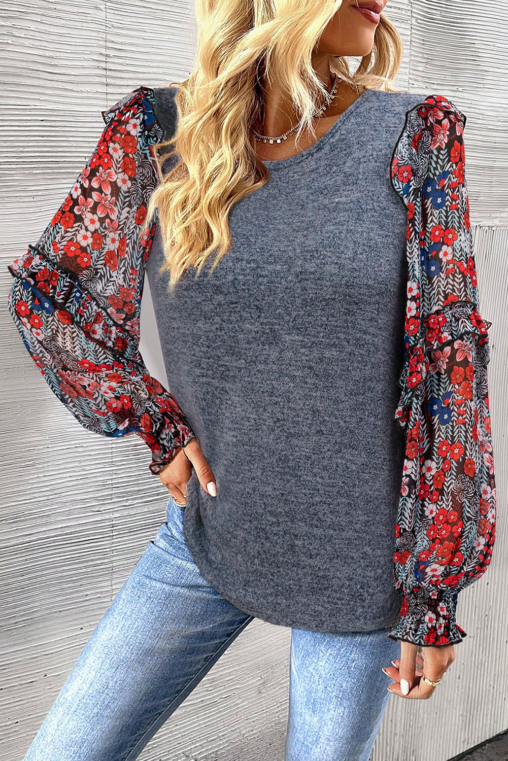 Pale Chestnut Ruffle Tiered Floral Sleeve Crew Neck Blouse eAura