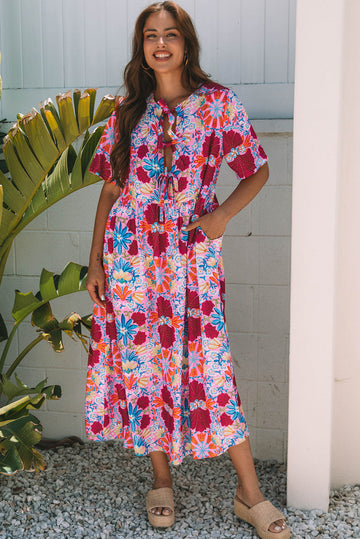 Rose Floral Tie-up Front Short Sleeve Loose Long Dress BB Fashion Outlet