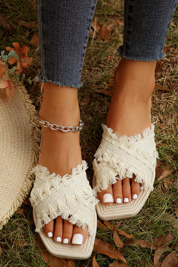 Beige Tassel Woven Crossed Straps Flat Sandals BB Fashion Outlet