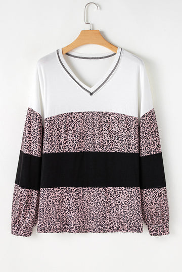 Black Leopard Print Colourblock V Neck Long Sleeve Plus Size Top Beagle Boutique Fashion Outlet