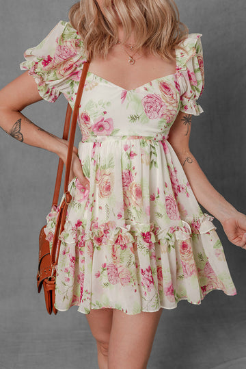 White Vibrant Floral Bubble Sleeve Sweetheart Neck Ruffle Mini Dress eAura
