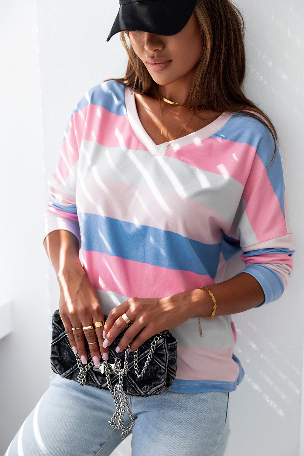 Pink Contrast Striped V Neck Long Sleeve Top eAura