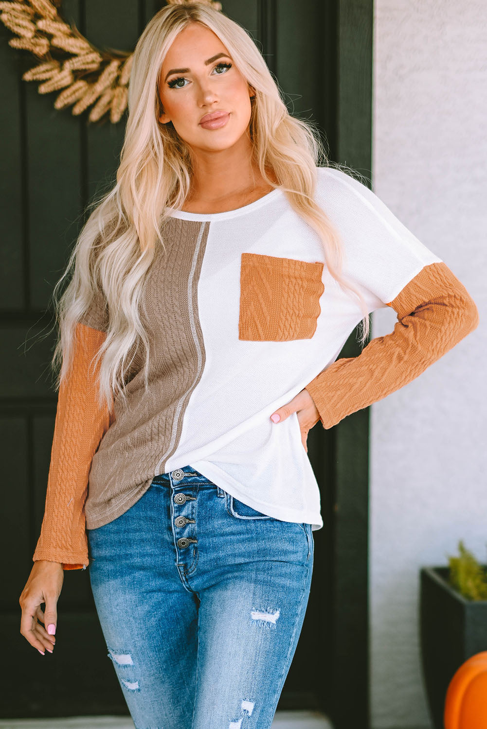 Long Sleeve Colourblock Chest Pocket Textured Knit Top eAura
