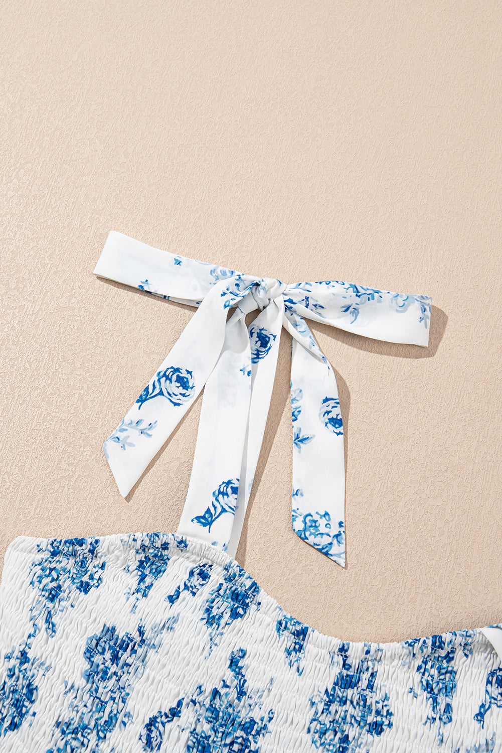 Sky Blue Floral Print Shirred Knot Shoulder Sleeveless Long Dress eAura