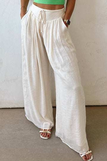 White Casual Tie Waist Pleated Wide Leg Trousers eAura
