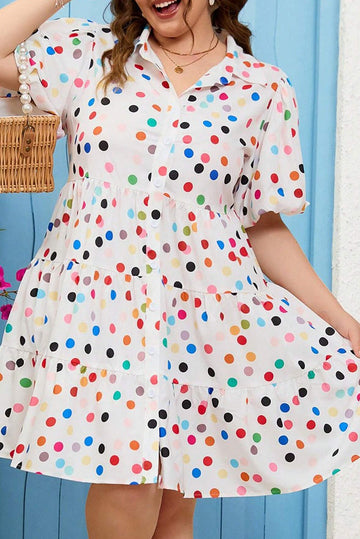 White Polka Dot Print Bubble Sleeve Button Up Plus Size Shirt Dress BB Fashion Outlet