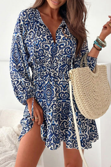 Blue Vintage Print Lace up V Neck Long Sleeve Mini Dress eAura