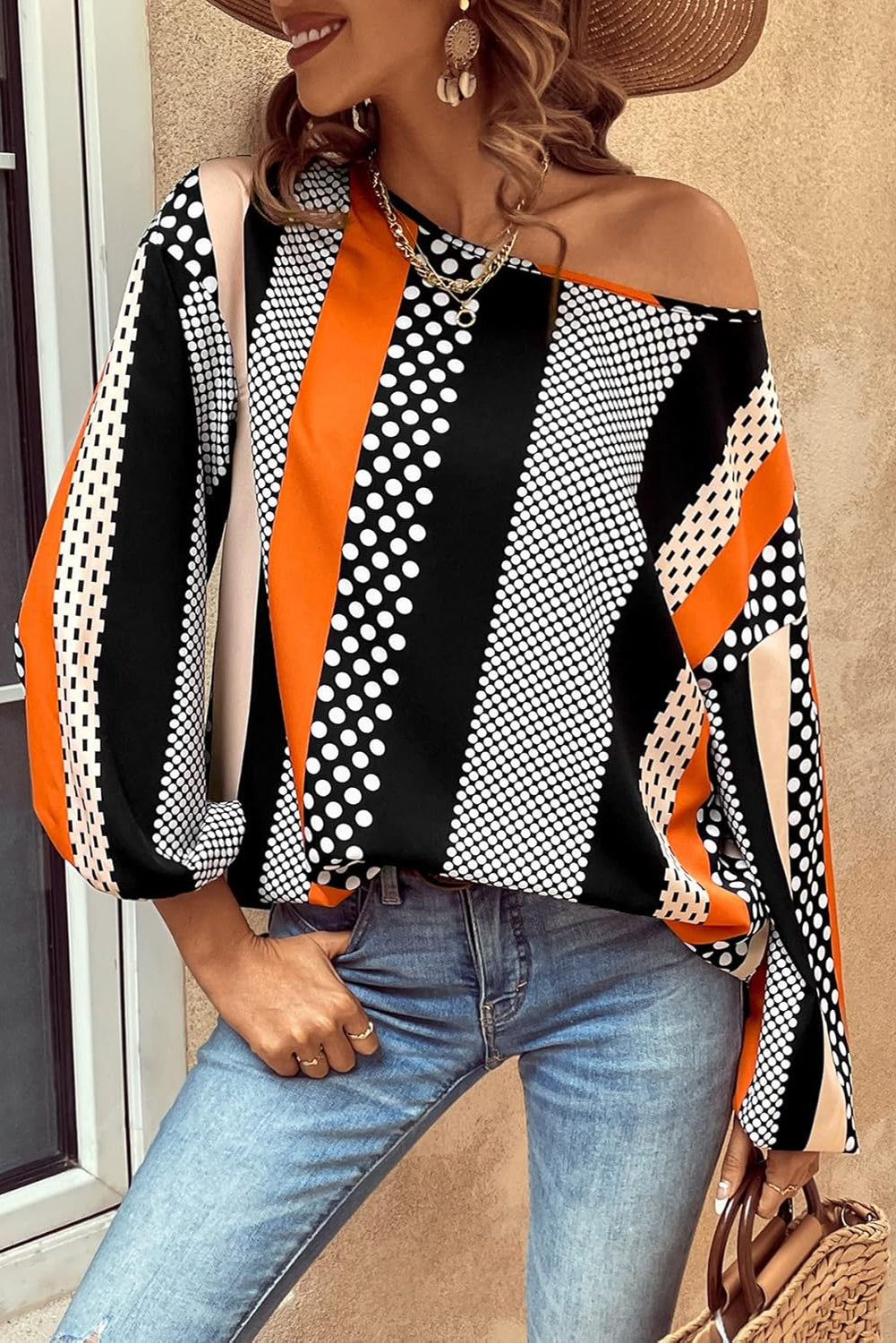 Orange Polka Dot Vertical Striped Printed Puff Sleeve Blouse eAura