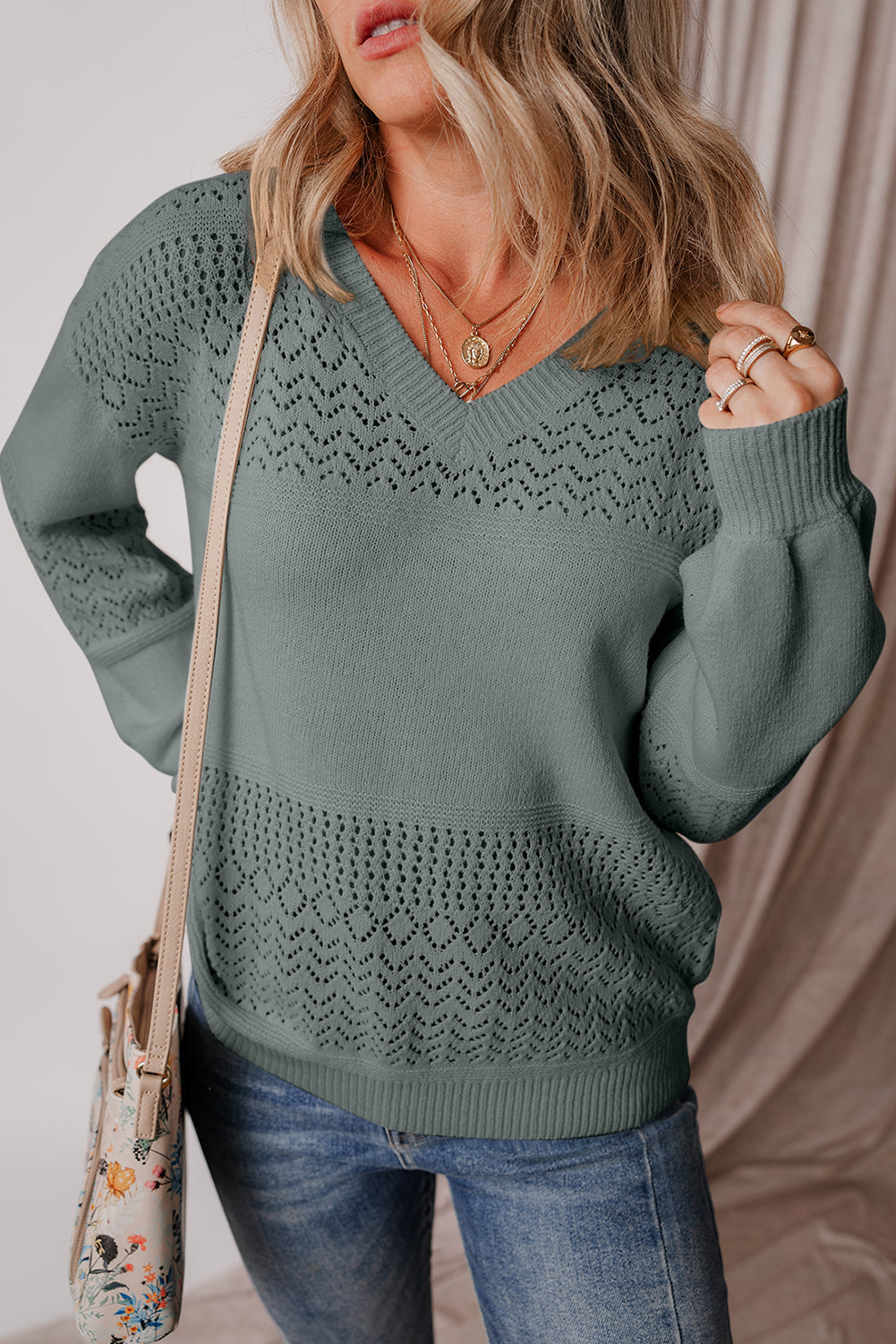Black Eyelet Pattern Detail V Neck Drop Shoulder Sweater eAura