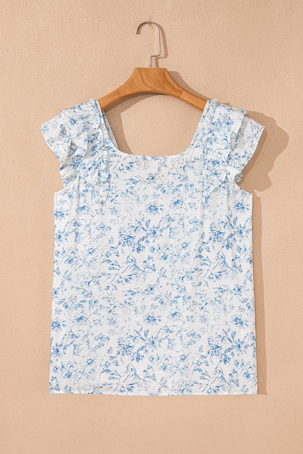 Floral Ruffled Short Sleeve Bow Back Square Neck Blouse eAura