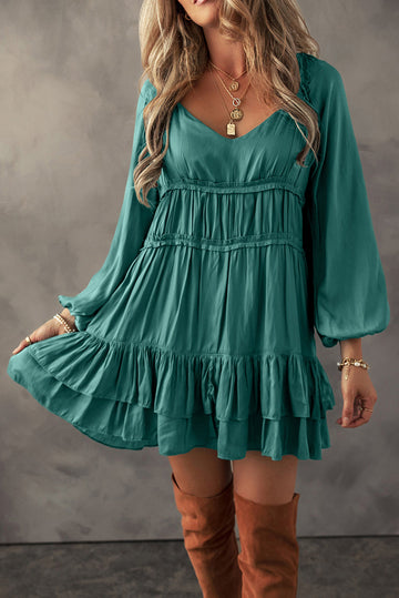 Mist Green Tiered Ruffled Puff Sleeve Loose Fit Mini Dress eAura
