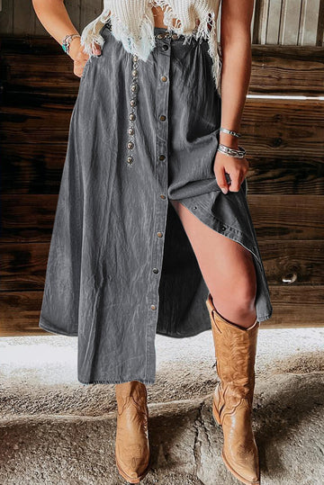 Dark Grey Fully Buttoned Long Denim Skirt eAura