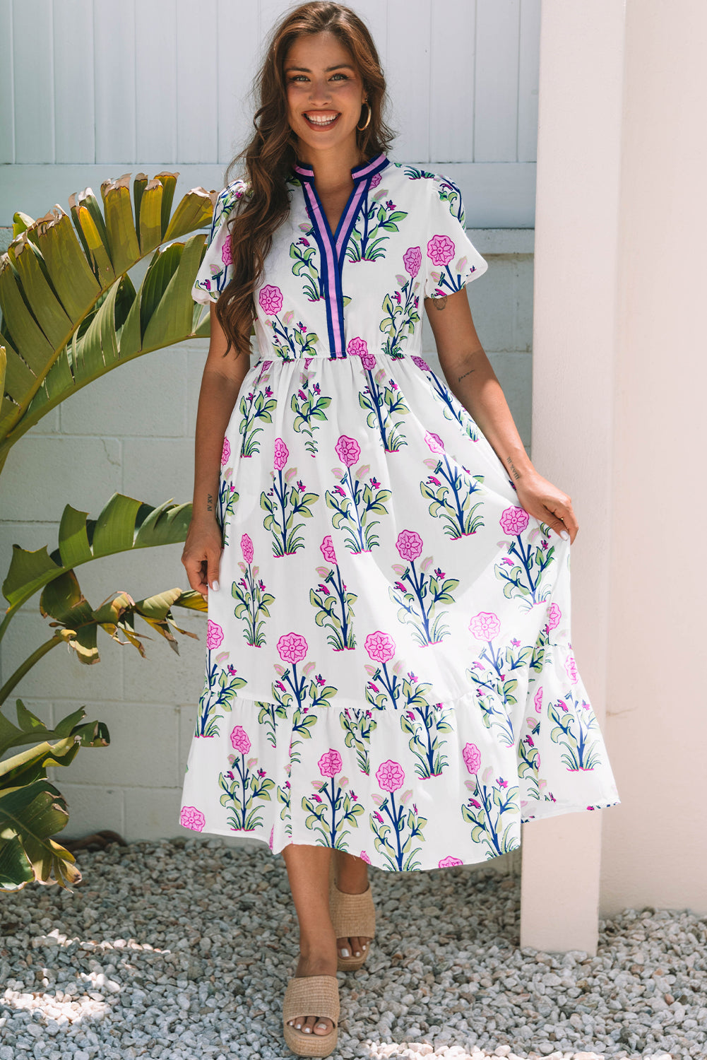 Floral Puff Short Sleeve V Neck High Waist Maxi Dress eAura