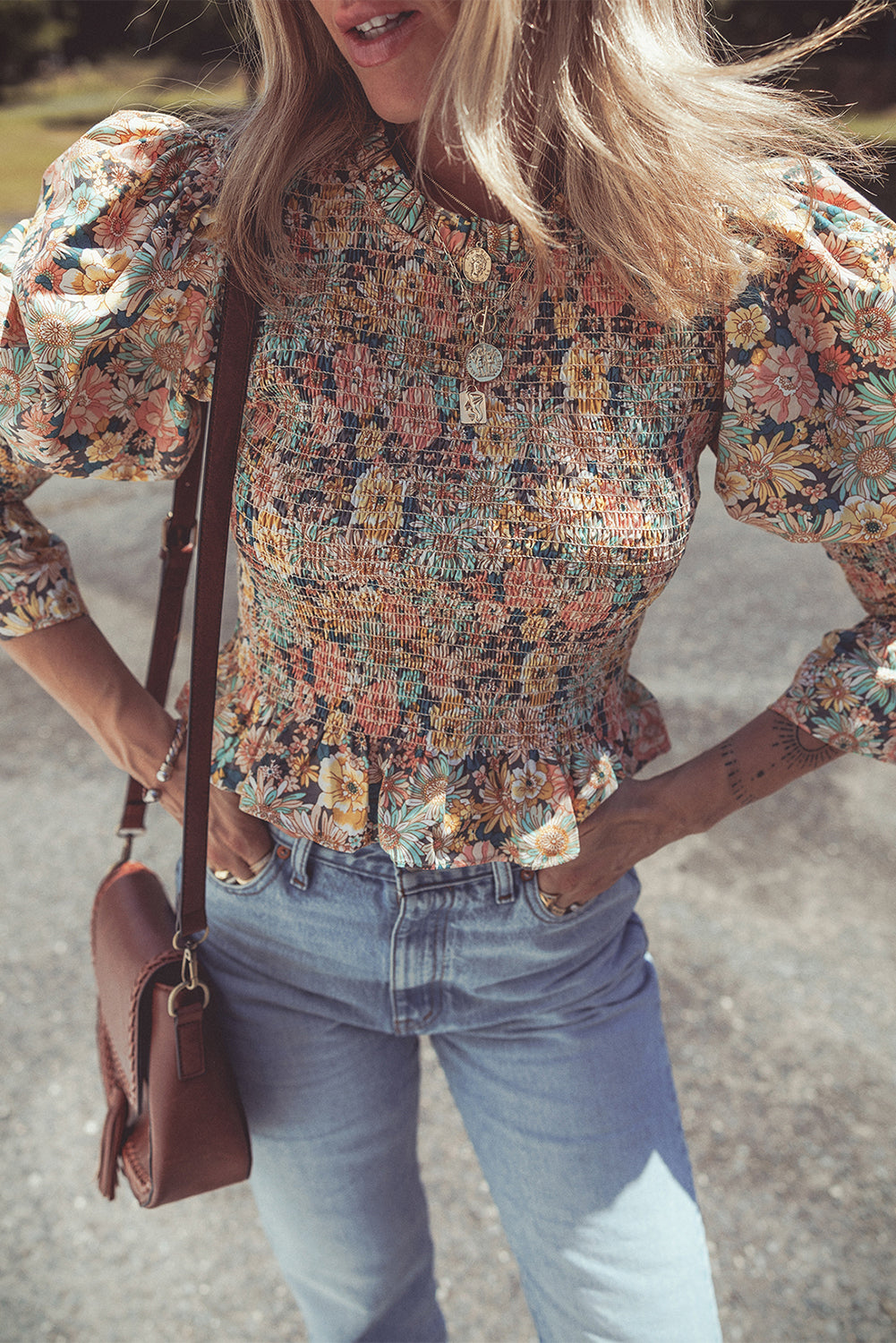 Yellow Floral Print Smocked Bubble Sleeve Ruffled Crop Top eAura