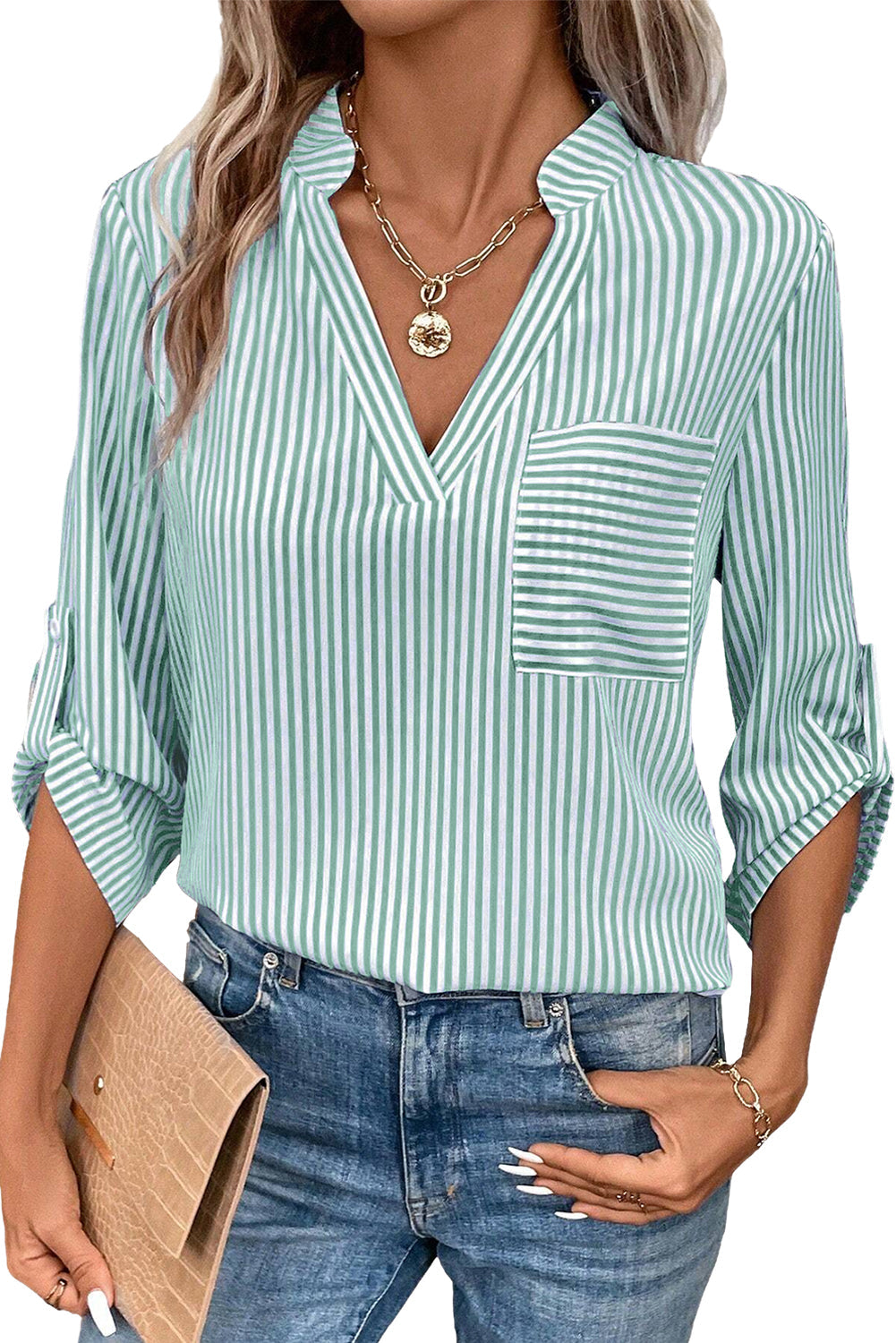 Green Stripe V Neck Roll Up Sleeve Pocket Patched Classic Shirt eAura