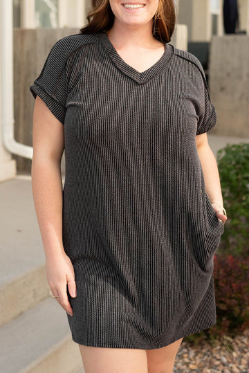 Carbon Grey Ribbed V Neck Plus Size T Shirt Dress with Pockets BB Fashion Outlet