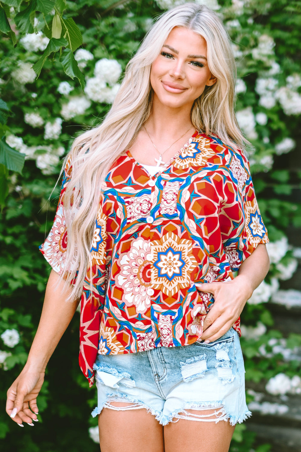 Red Floral Print Batwing Sleeve V Neck Blouse eAura