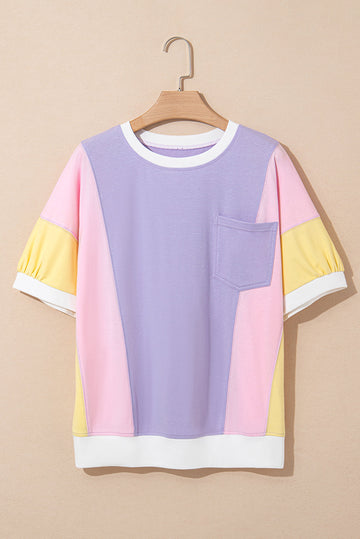 Purple Colour Block Patchwork Half Sleeve Oversized T Shirt eAura