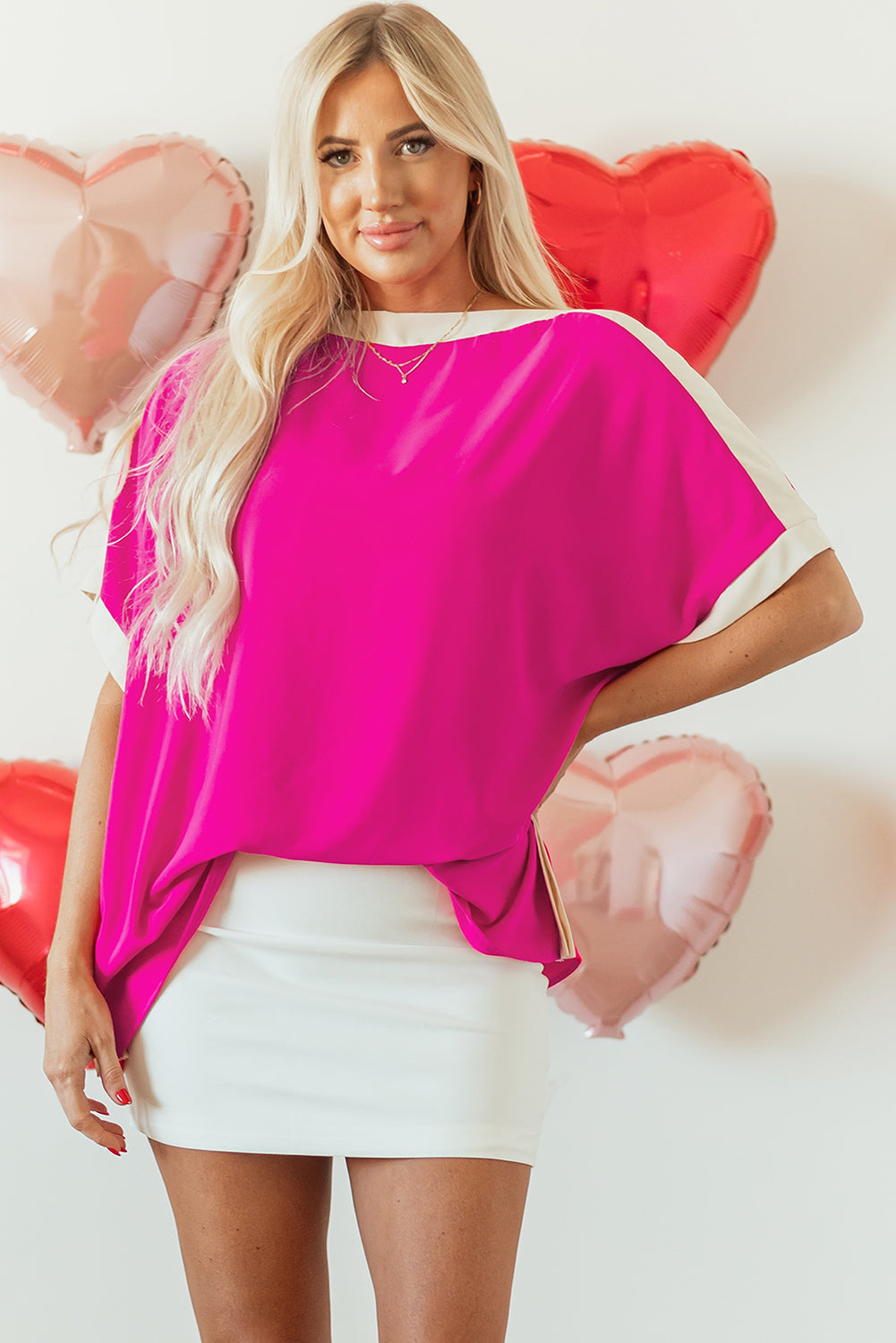 Rose Red Oversized Colour Block Boat Neck Tunic Blouse eAura
